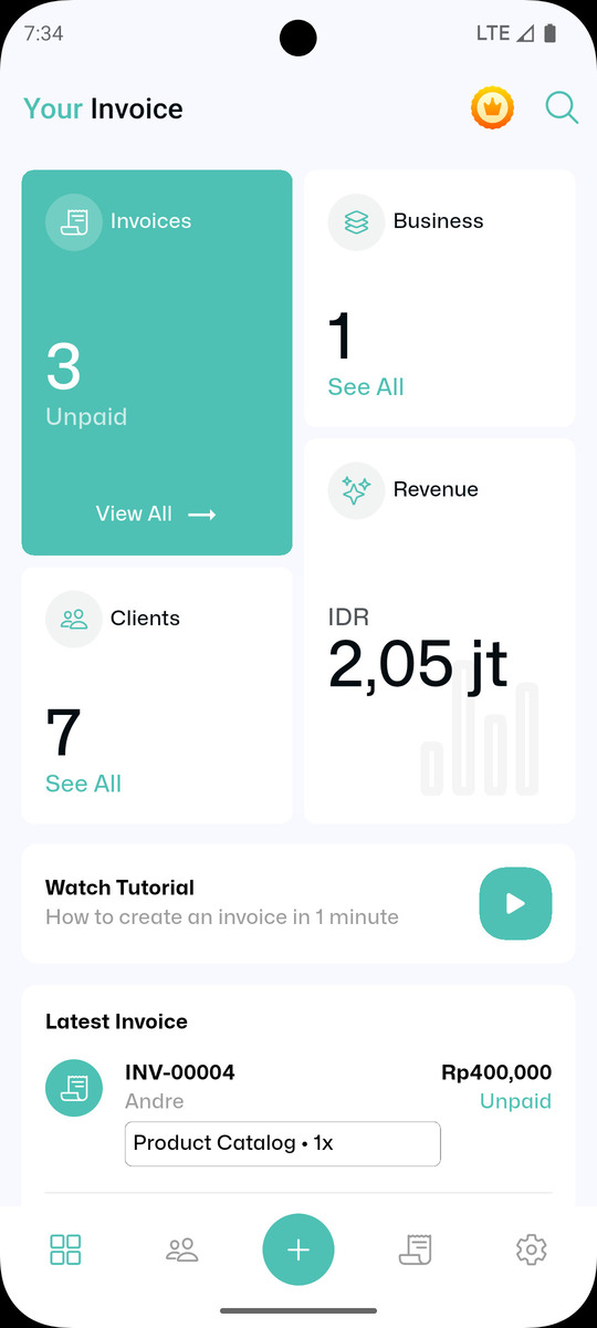 Tampilan beranda aplikasi Your Invoice di Android