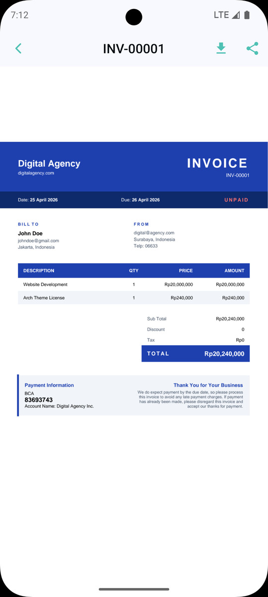 Hasil invoice menggunakan template pertama