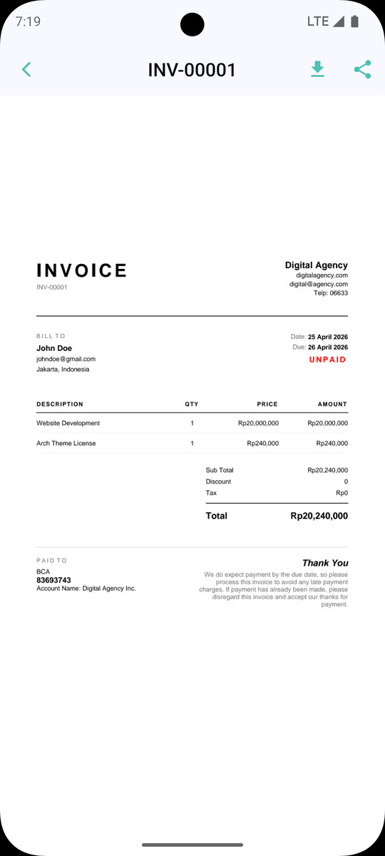 Hasil invoice menggunakan template kedua